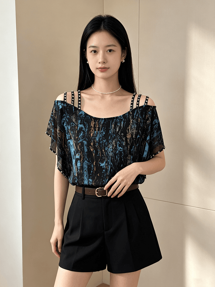 오프숄더 시폰 셔츠 여성 여름 루즈핏 슬립 다이아몬드 세팅 표지 팔 품격 루즈핏 맨위 새로운 외국 가스 다용도 티셔츠 상세 이미지 10