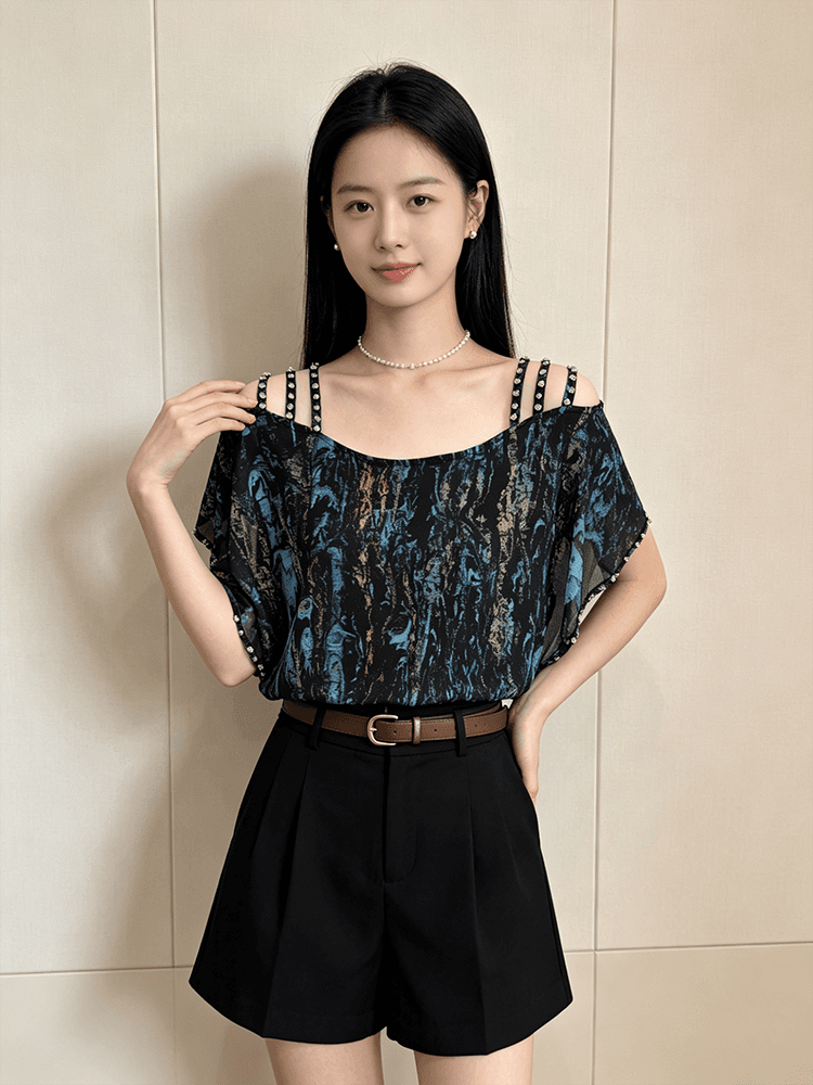 오프숄더 시폰 셔츠 여성 여름 루즈핏 슬립 다이아몬드 세팅 표지 팔 품격 루즈핏 맨위 새로운 외국 가스 다용도 티셔츠 상세 이미지 11
