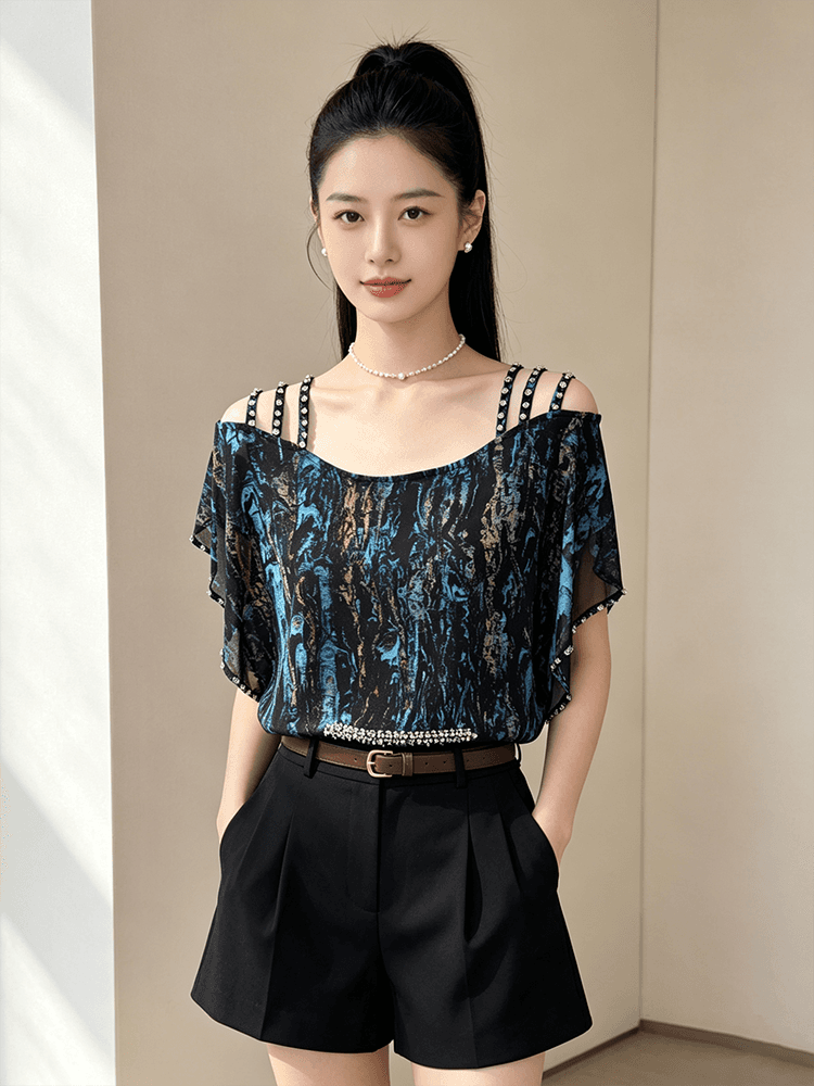 오프숄더 시폰 셔츠 여성 여름 루즈핏 슬립 다이아몬드 세팅 표지 팔 품격 루즈핏 맨위 새로운 외국 가스 다용도 티셔츠 상세 이미지 12