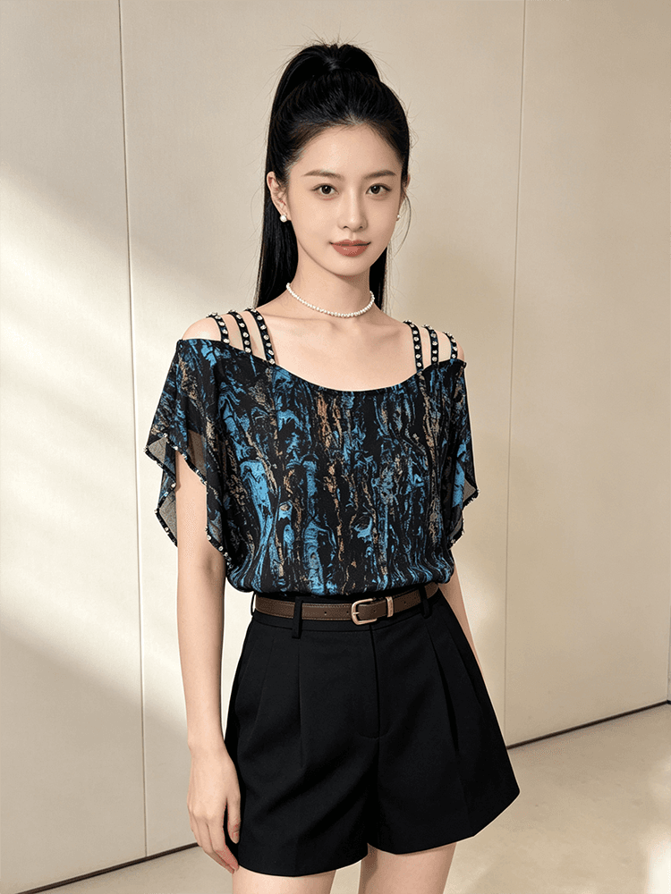 오프숄더 시폰 셔츠 여성 여름 루즈핏 슬립 다이아몬드 세팅 표지 팔 품격 루즈핏 맨위 새로운 외국 가스 다용도 티셔츠 상세 이미지 13
