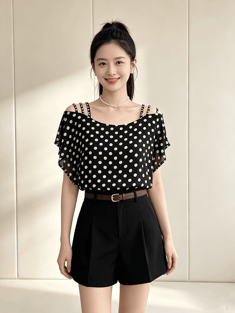 오프숄더 시폰 셔츠 여성 여름 루즈핏 슬립 다이아몬드 세팅 표지 팔 품격 루즈핏 맨위 새로운 외국 가스 다용도 티셔츠 상세 이미지 14
