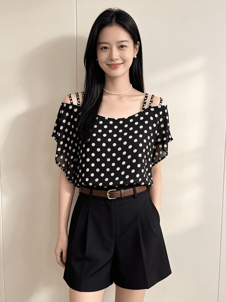 오프숄더 시폰 셔츠 여성 여름 루즈핏 슬립 다이아몬드 세팅 표지 팔 품격 루즈핏 맨위 새로운 외국 가스 다용도 티셔츠 상세 이미지 15