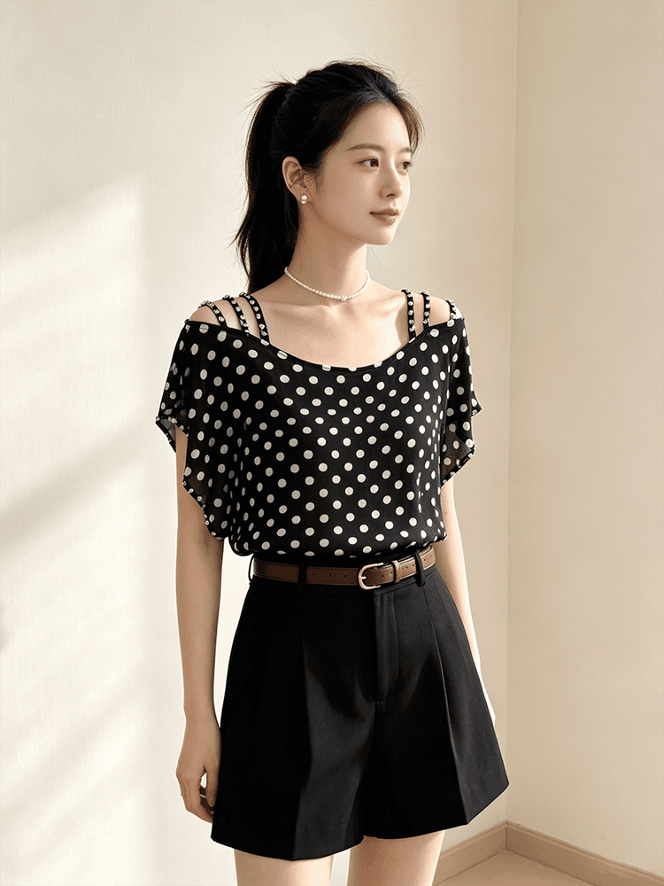 오프숄더 시폰 셔츠 여성 여름 루즈핏 슬립 다이아몬드 세팅 표지 팔 품격 루즈핏 맨위 새로운 외국 가스 다용도 티셔츠 상세 이미지 16