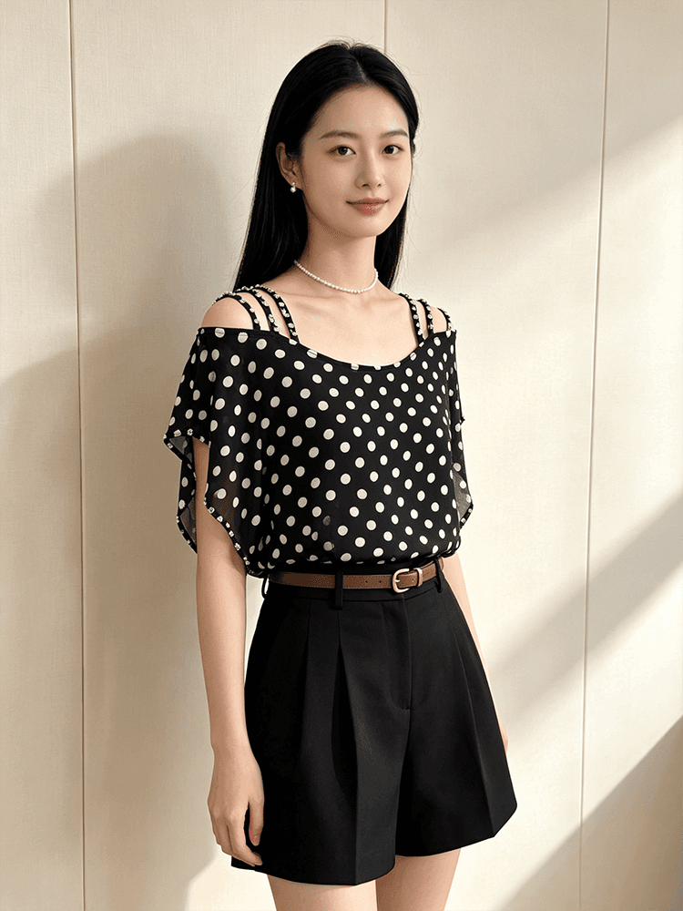오프숄더 시폰 셔츠 여성 여름 루즈핏 슬립 다이아몬드 세팅 표지 팔 품격 루즈핏 맨위 새로운 외국 가스 다용도 티셔츠 상세 이미지 17