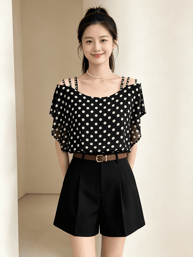 오프숄더 시폰 셔츠 여성 여름 루즈핏 슬립 다이아몬드 세팅 표지 팔 품격 루즈핏 맨위 새로운 외국 가스 다용도 티셔츠 상세 이미지 18