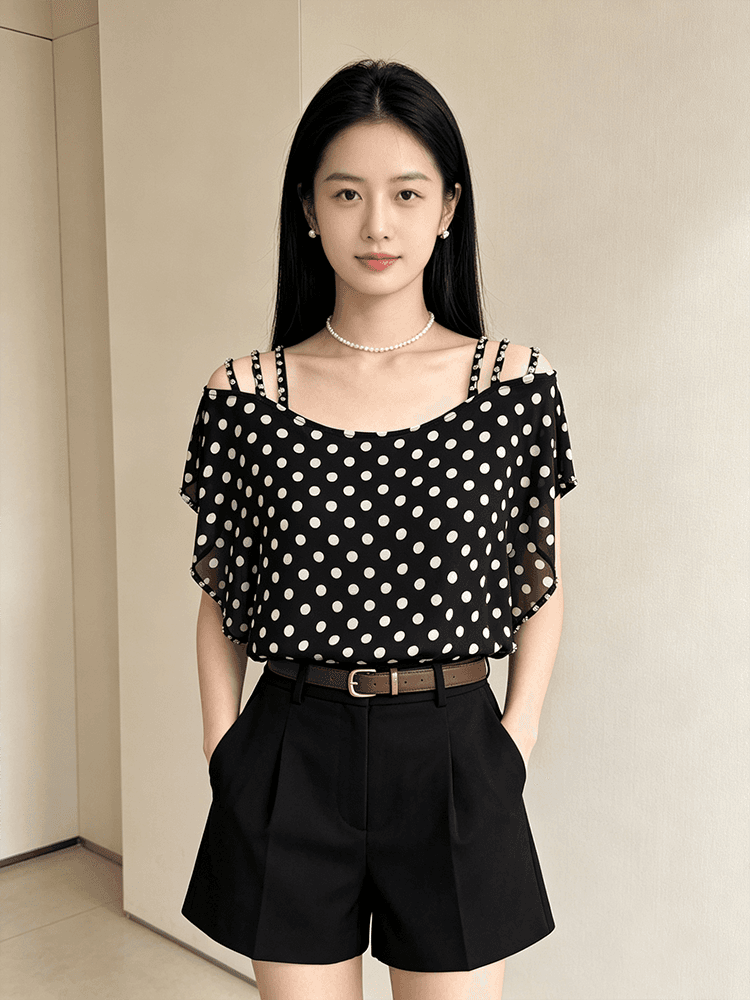 오프숄더 시폰 셔츠 여성 여름 루즈핏 슬립 다이아몬드 세팅 표지 팔 품격 루즈핏 맨위 새로운 외국 가스 다용도 티셔츠 상세 이미지 19