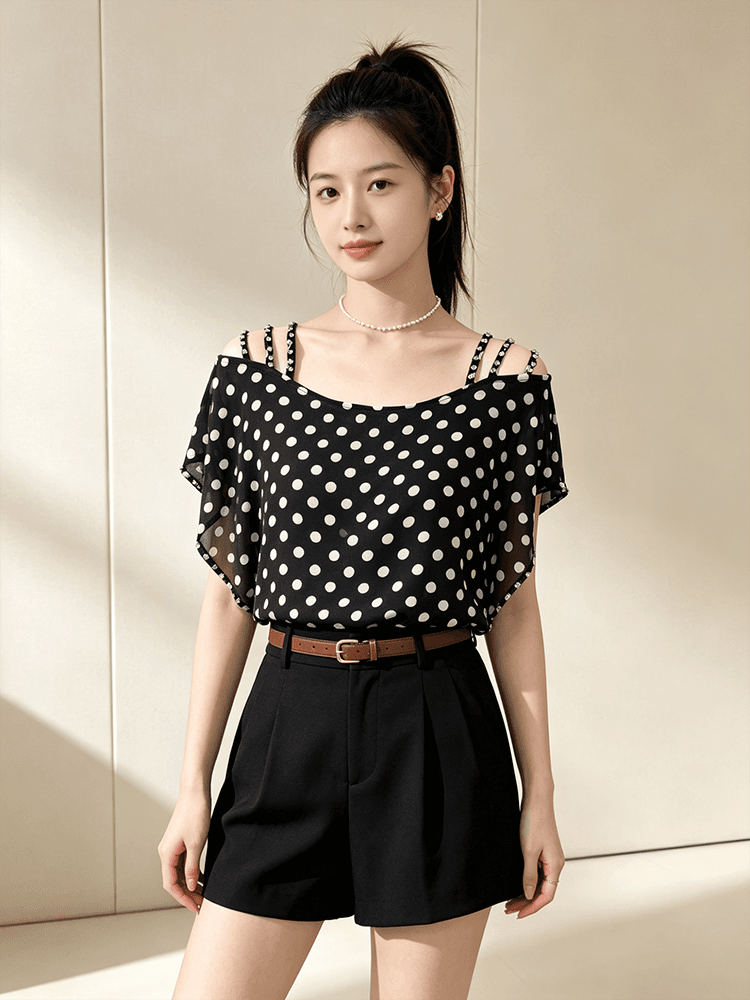 오프숄더 시폰 셔츠 여성 여름 루즈핏 슬립 다이아몬드 세팅 표지 팔 품격 루즈핏 맨위 새로운 외국 가스 다용도 티셔츠 상세 이미지 20