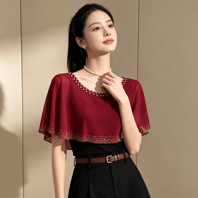 여름 라운드 넥 다이아몬드 세팅 프린트 민소매 망토 숄 디자인 센스 맨위 여성 몸매 가꾸기 슬림해 보이는 다용도 품격 작은 셔츠 이미지 4