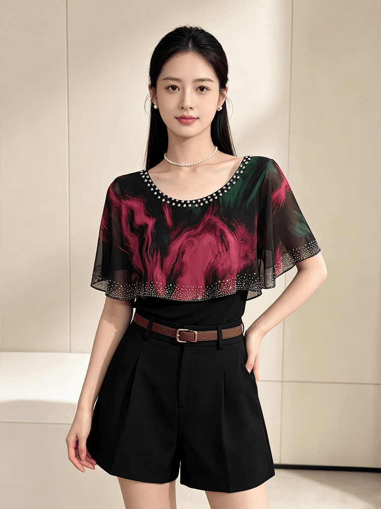 여름 라운드 넥 다이아몬드 세팅 프린트 민소매 망토 숄 디자인 센스 맨위 여성 몸매 가꾸기 슬림해 보이는 다용도 품격 작은 셔츠 상세 이미지 1