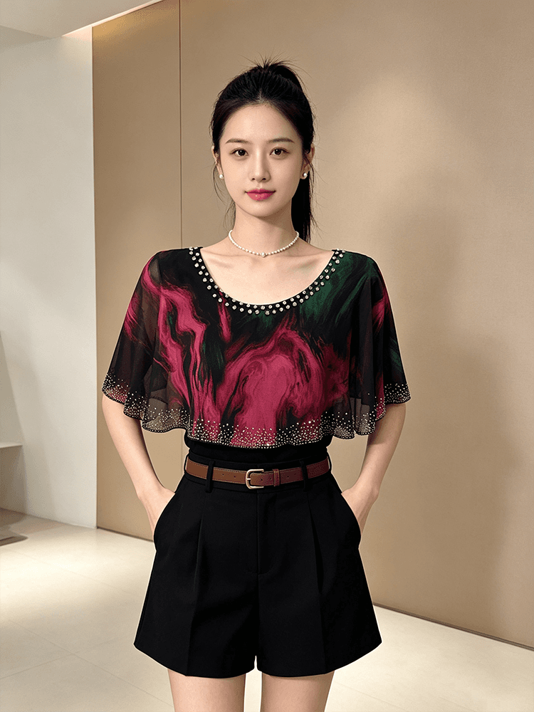 여름 라운드 넥 다이아몬드 세팅 프린트 민소매 망토 숄 디자인 센스 맨위 여성 몸매 가꾸기 슬림해 보이는 다용도 품격 작은 셔츠 상세 이미지 3