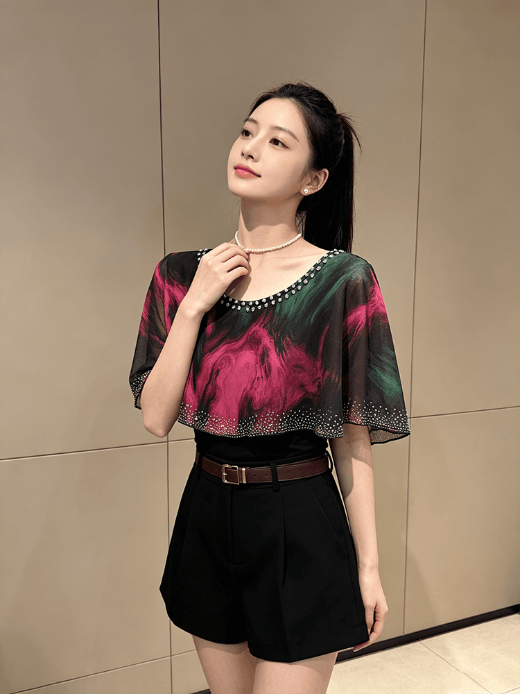 여름 라운드 넥 다이아몬드 세팅 프린트 민소매 망토 숄 디자인 센스 맨위 여성 몸매 가꾸기 슬림해 보이는 다용도 품격 작은 셔츠 상세 이미지 5