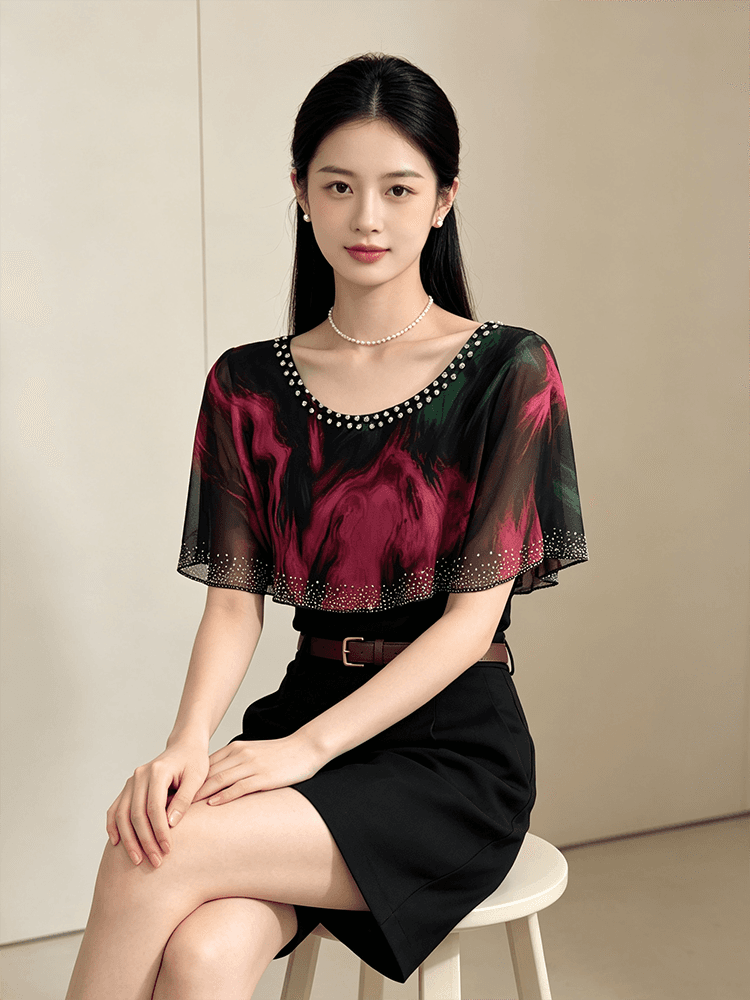 여름 라운드 넥 다이아몬드 세팅 프린트 민소매 망토 숄 디자인 센스 맨위 여성 몸매 가꾸기 슬림해 보이는 다용도 품격 작은 셔츠 상세 이미지 7