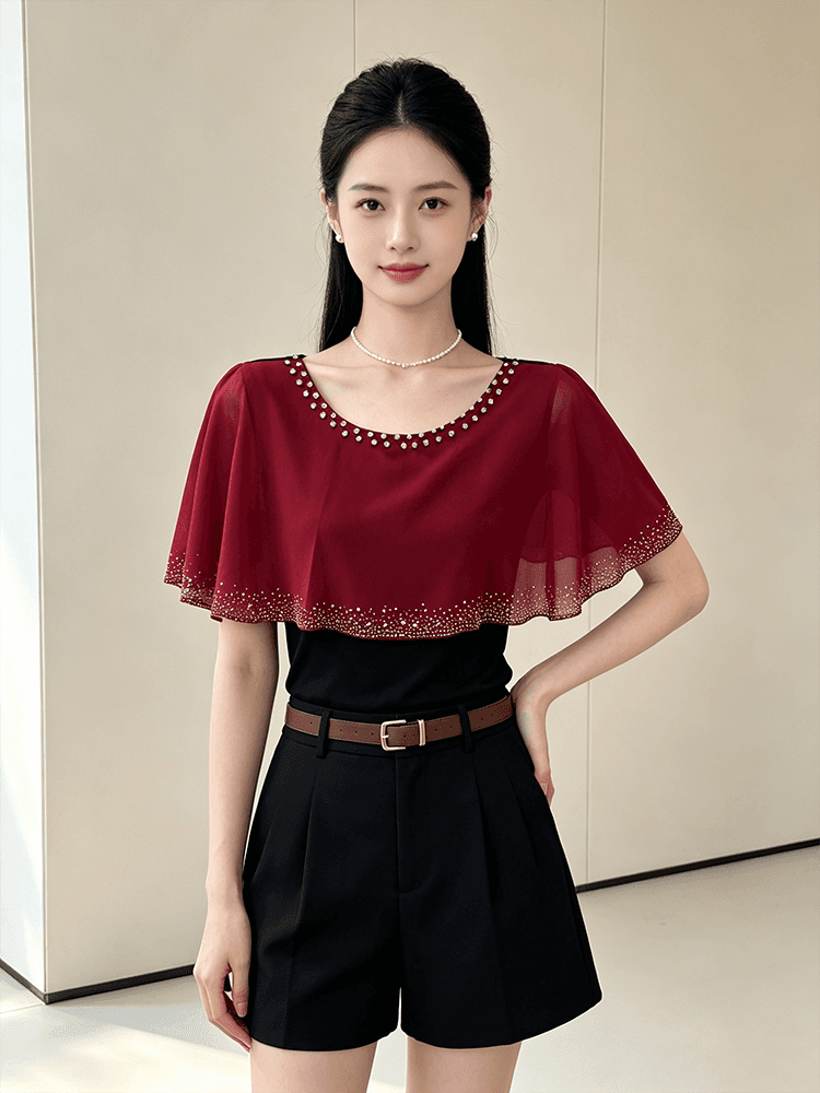 여름 라운드 넥 다이아몬드 세팅 프린트 민소매 망토 숄 디자인 센스 맨위 여성 몸매 가꾸기 슬림해 보이는 다용도 품격 작은 셔츠 상세 이미지 11