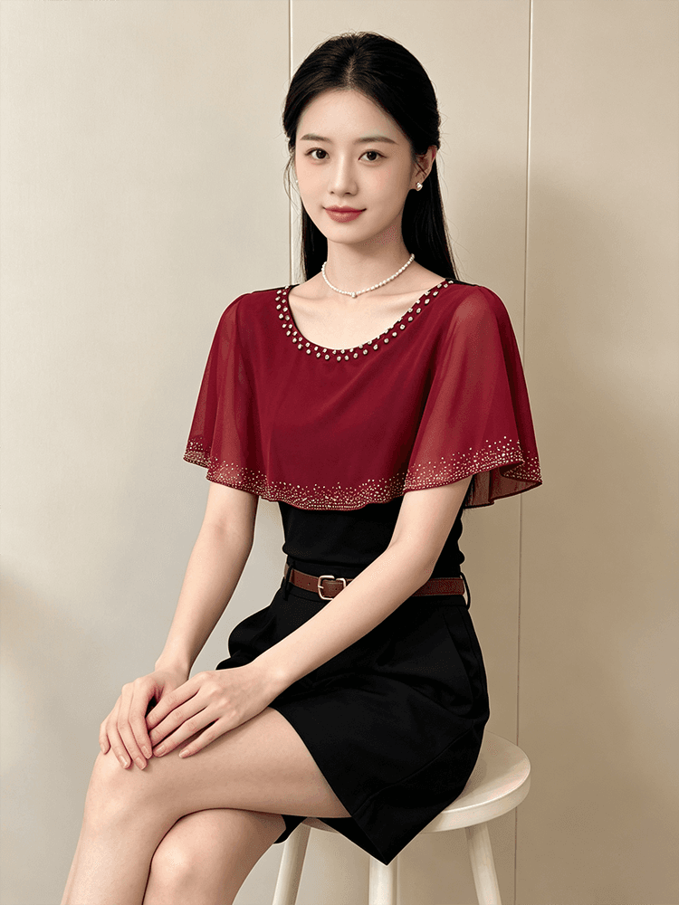 여름 라운드 넥 다이아몬드 세팅 프린트 민소매 망토 숄 디자인 센스 맨위 여성 몸매 가꾸기 슬림해 보이는 다용도 품격 작은 셔츠 상세 이미지 12