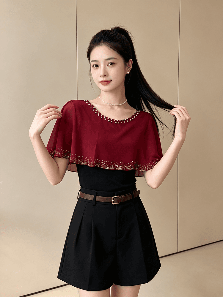 여름 라운드 넥 다이아몬드 세팅 프린트 민소매 망토 숄 디자인 센스 맨위 여성 몸매 가꾸기 슬림해 보이는 다용도 품격 작은 셔츠 상세 이미지 14