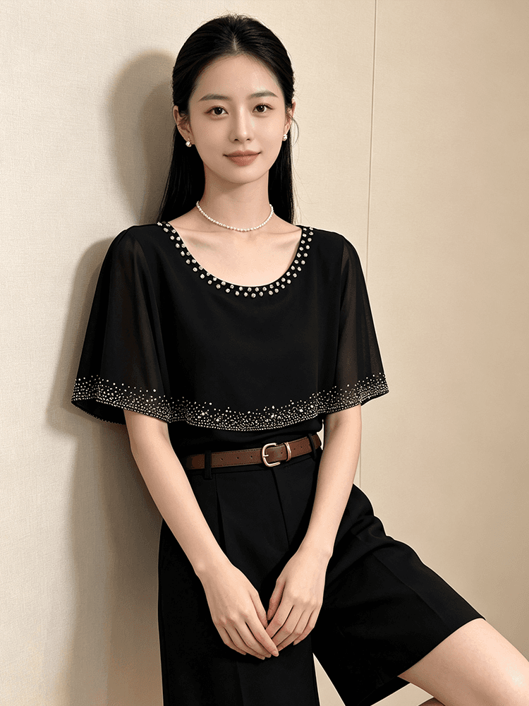 여름 라운드 넥 다이아몬드 세팅 프린트 민소매 망토 숄 디자인 센스 맨위 여성 몸매 가꾸기 슬림해 보이는 다용도 품격 작은 셔츠 상세 이미지 15