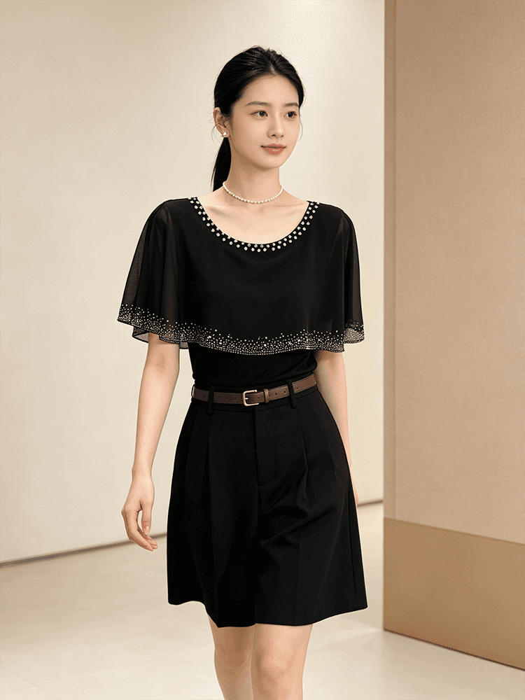 여름 라운드 넥 다이아몬드 세팅 프린트 민소매 망토 숄 디자인 센스 맨위 여성 몸매 가꾸기 슬림해 보이는 다용도 품격 작은 셔츠 상세 이미지 16