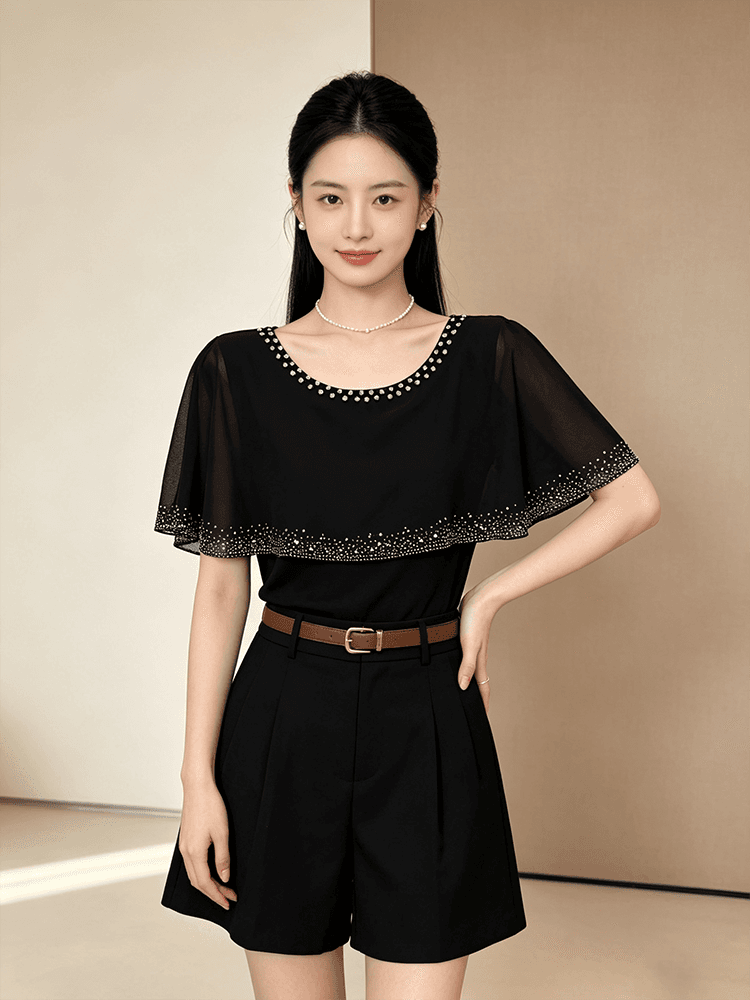 여름 라운드 넥 다이아몬드 세팅 프린트 민소매 망토 숄 디자인 센스 맨위 여성 몸매 가꾸기 슬림해 보이는 다용도 품격 작은 셔츠 상세 이미지 17