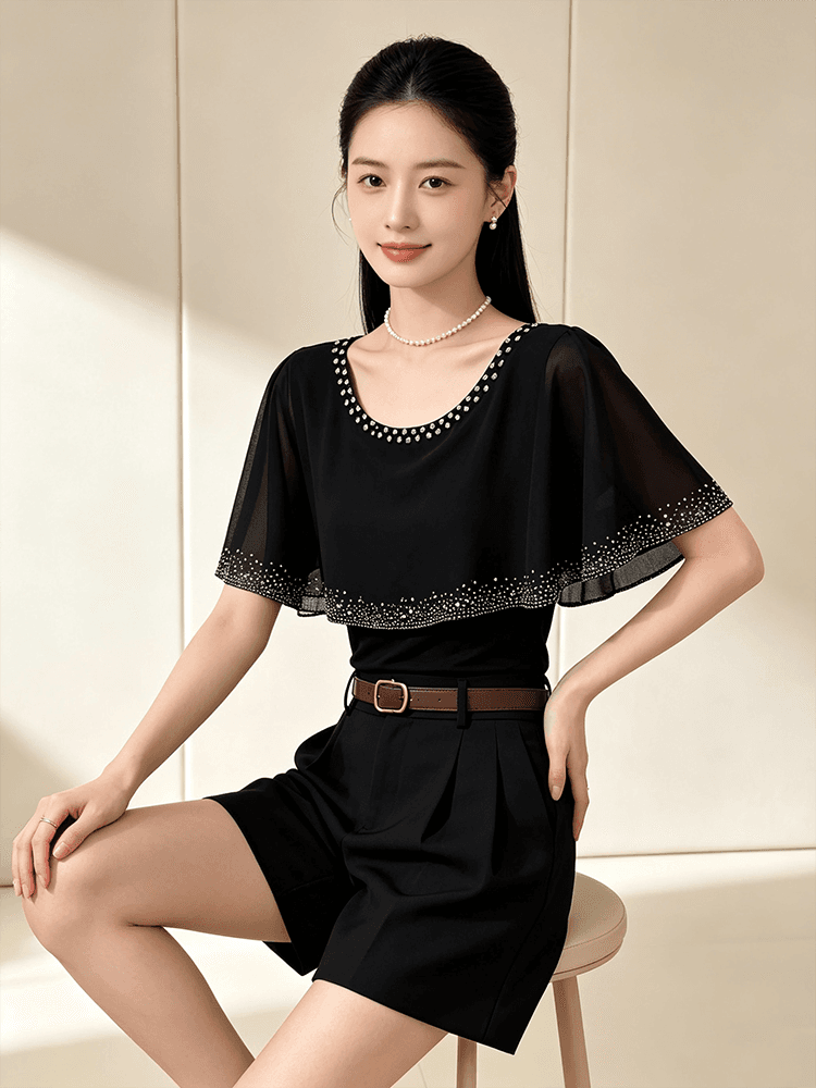 여름 라운드 넥 다이아몬드 세팅 프린트 민소매 망토 숄 디자인 센스 맨위 여성 몸매 가꾸기 슬림해 보이는 다용도 품격 작은 셔츠 상세 이미지 19