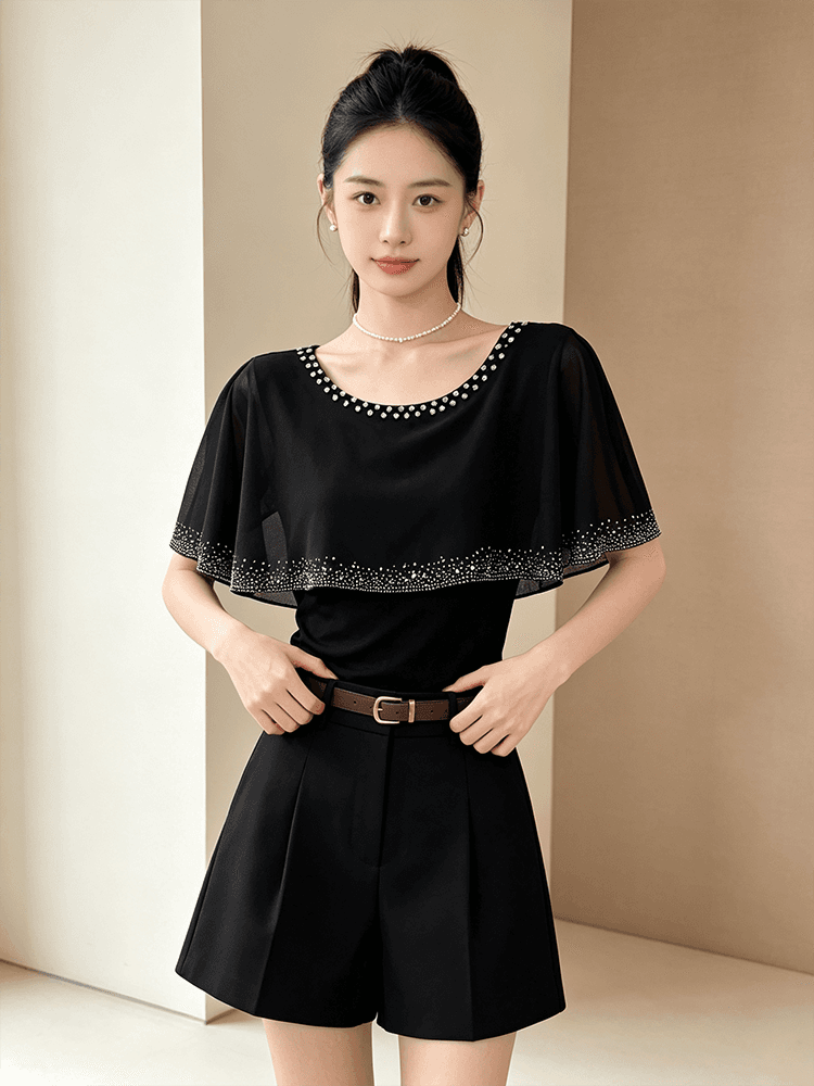 여름 라운드 넥 다이아몬드 세팅 프린트 민소매 망토 숄 디자인 센스 맨위 여성 몸매 가꾸기 슬림해 보이는 다용도 품격 작은 셔츠 상세 이미지 20