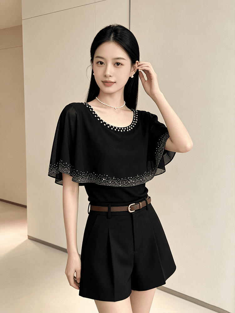 여름 라운드 넥 다이아몬드 세팅 프린트 민소매 망토 숄 디자인 센스 맨위 여성 몸매 가꾸기 슬림해 보이는 다용도 품격 작은 셔츠 상세 이미지 21