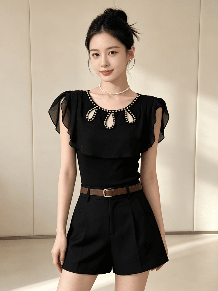 여름 라운드 넥 홀로우 아웃 디자인 못 훈련 고급 센스 맨위 여성 가스 질감 당겨서 전체 다용도 몸매 가꾸기 슬림해 보이는 작은 셔츠 t 상세 이미지 27