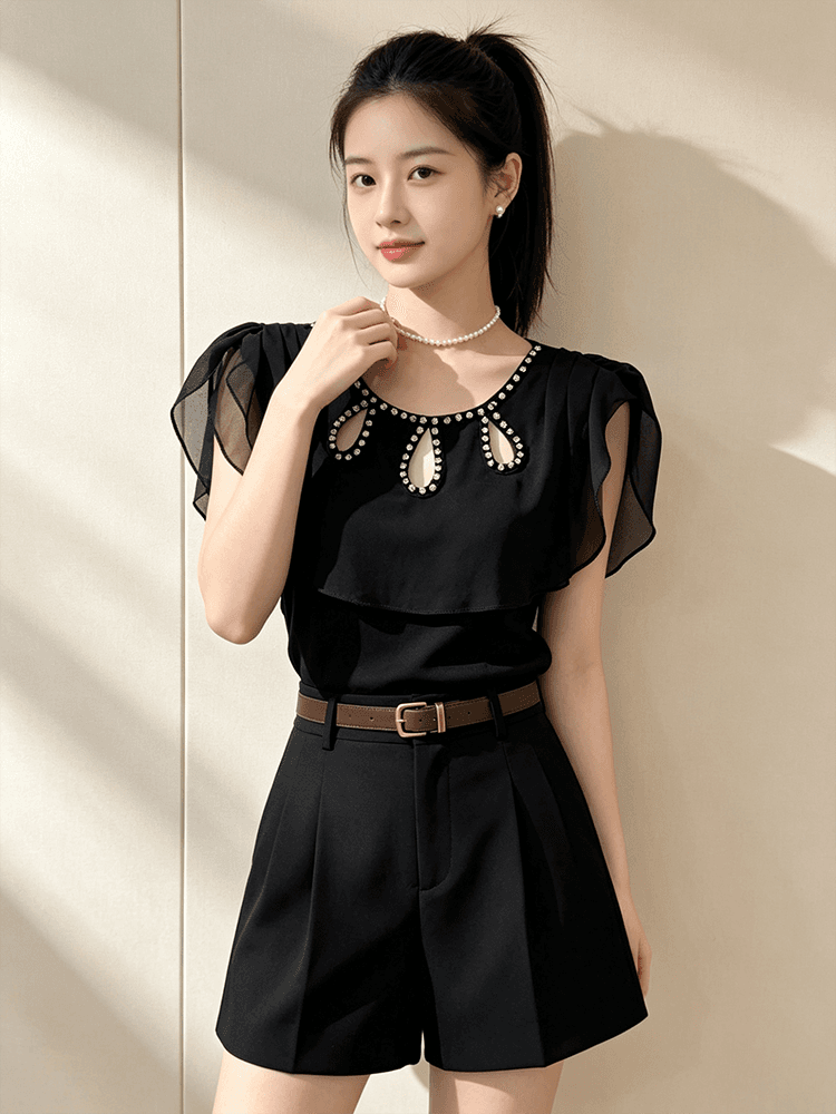 여름 라운드 넥 홀로우 아웃 디자인 못 훈련 고급 센스 맨위 여성 가스 질감 당겨서 전체 다용도 몸매 가꾸기 슬림해 보이는 작은 셔츠 t 상세 이미지 28