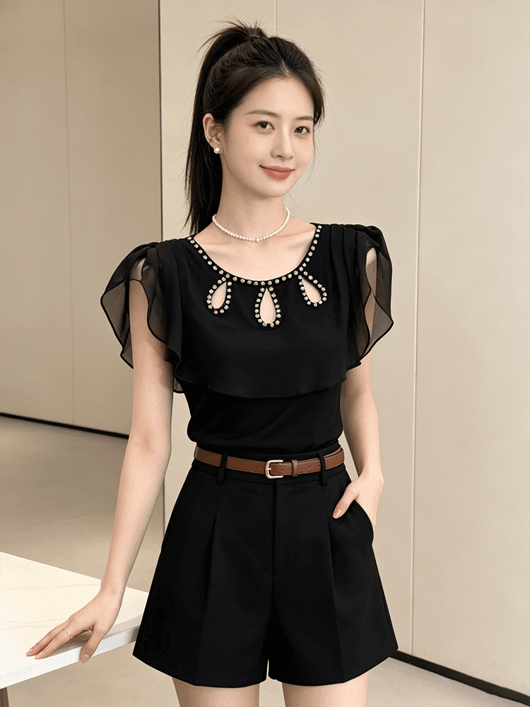 여름 라운드 넥 홀로우 아웃 디자인 못 훈련 고급 센스 맨위 여성 가스 질감 당겨서 전체 다용도 몸매 가꾸기 슬림해 보이는 작은 셔츠 t 상세 이미지 30