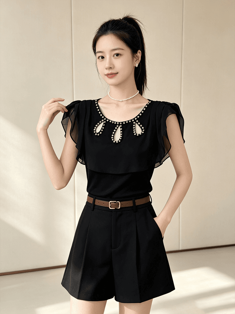 여름 라운드 넥 홀로우 아웃 디자인 못 훈련 고급 센스 맨위 여성 가스 질감 당겨서 전체 다용도 몸매 가꾸기 슬림해 보이는 작은 셔츠 t 상세 이미지 32