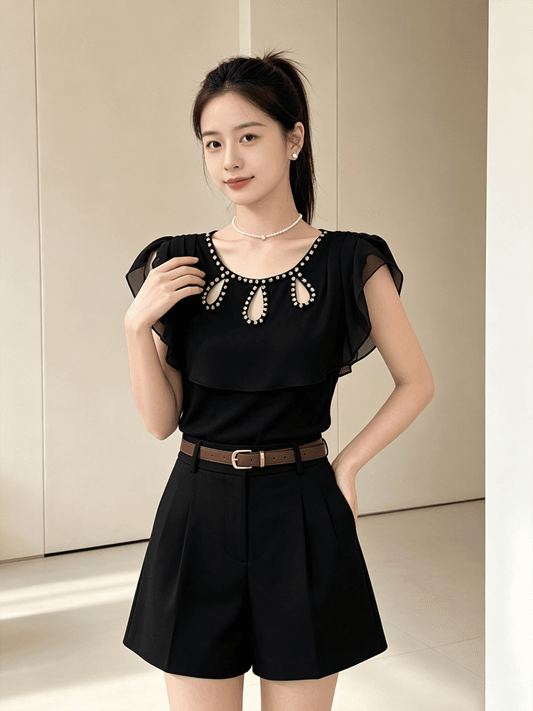 여름 라운드 넥 홀로우 아웃 디자인 못 훈련 고급 센스 맨위 여성 가스 질감 당겨서 전체 다용도 몸매 가꾸기 슬림해 보이는 작은 셔츠 t 상세 이미지 33