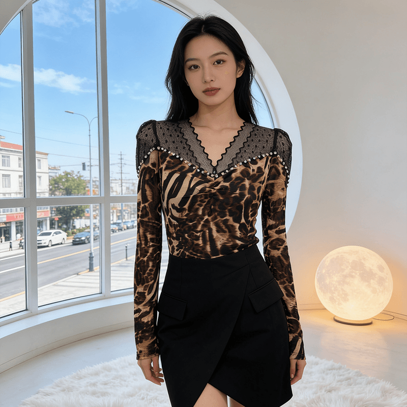 실사 비즈 박기 다이아몬드 세팅 몸매 가꾸기 슬림해 보이는 디자인 센스 빛 럭셔리 망사 프린트 패션 외국 가스 작은 셔츠 긴팔 질량 물품 상세 이미지 20