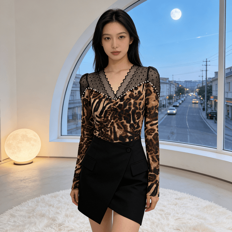실사 비즈 박기 다이아몬드 세팅 몸매 가꾸기 슬림해 보이는 디자인 센스 빛 럭셔리 망사 프린트 패션 외국 가스 작은 셔츠 긴팔 질량 물품 상세 이미지 24