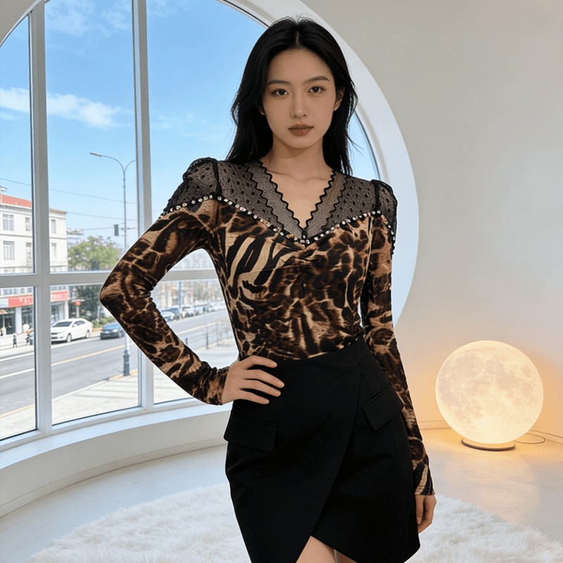 실사 비즈 박기 다이아몬드 세팅 몸매 가꾸기 슬림해 보이는 디자인 센스 빛 럭셔리 망사 프린트 패션 외국 가스 작은 셔츠 긴팔 질량 물품 상세 이미지 25