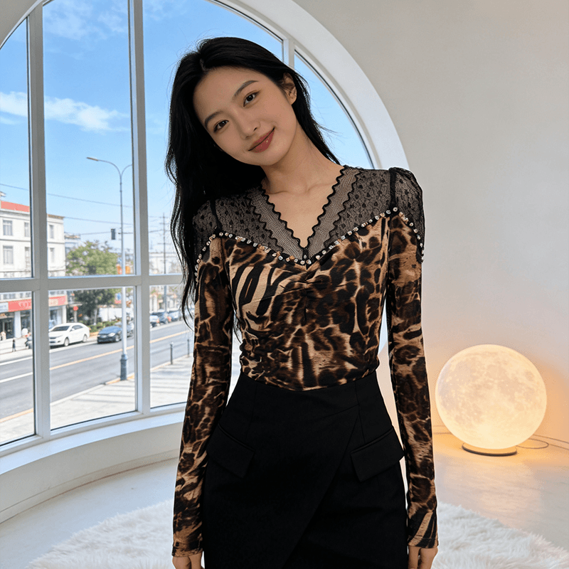 실사 비즈 박기 다이아몬드 세팅 몸매 가꾸기 슬림해 보이는 디자인 센스 빛 럭셔리 망사 프린트 패션 외국 가스 작은 셔츠 긴팔 질량 물품 상세 이미지 27