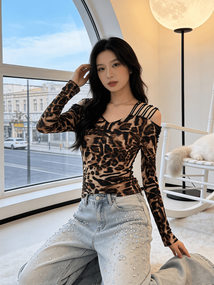가을 켜기 새로운 망사 프린트 디자인 홀로우 아웃 레이스 다이아몬드 세팅 몸매 가꾸기 슬림해 보이는 패션 V넥 섹시한 아름다움 뒤로 작은 셔츠 지금 상세 이미지 32