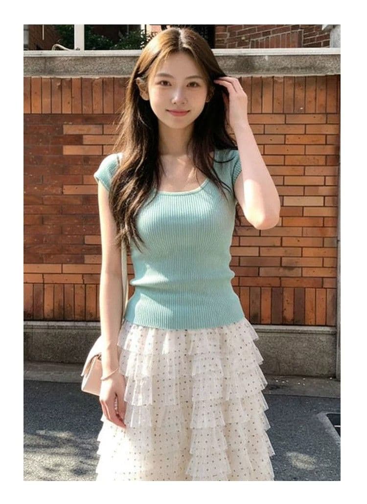 살구 색상 계층의 감각 도트 무늬 망사 반신 스커트 여성 여름 하이웨이스트 한 마디 슬림해 보이는 패치워크 롱 스커트 퍼프 케이크 드레스 상세 이미지 11