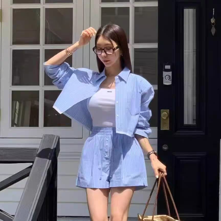 있음 밖으로 한국 동대문 2026 봄 여름 여성 의류 신제품 긴팔 셔츠 반바지 세트 이미지 4