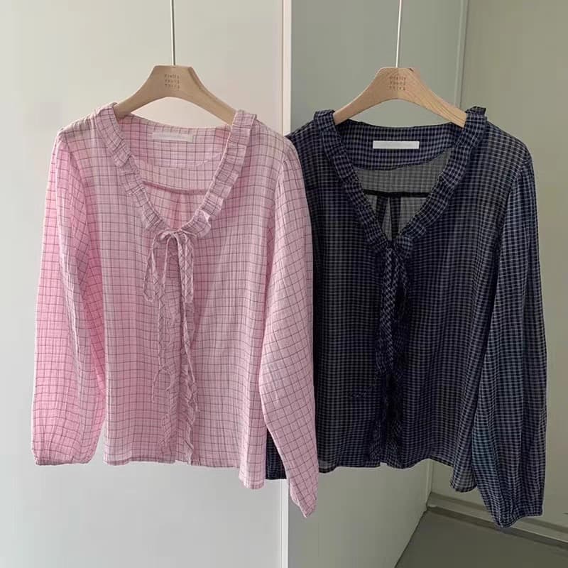 재고 있음 chic 레트로 체크무늬 연꽃 잎 레이스 루즈핏 V넥 외국 가스 긴팔 자외선 차단 셔츠 이미지 5