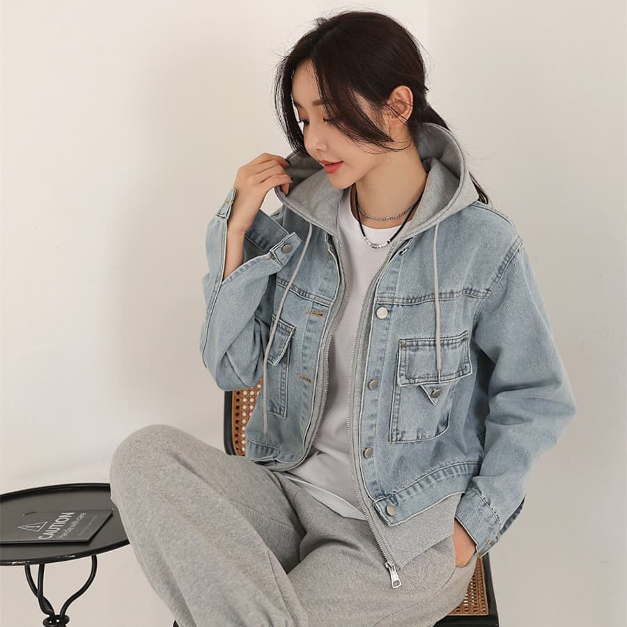 재고 있음 chic 가을 겨울 캐주얼 페이크 레이어드 후드 티 스웨터 재킷 상세 이미지 1
