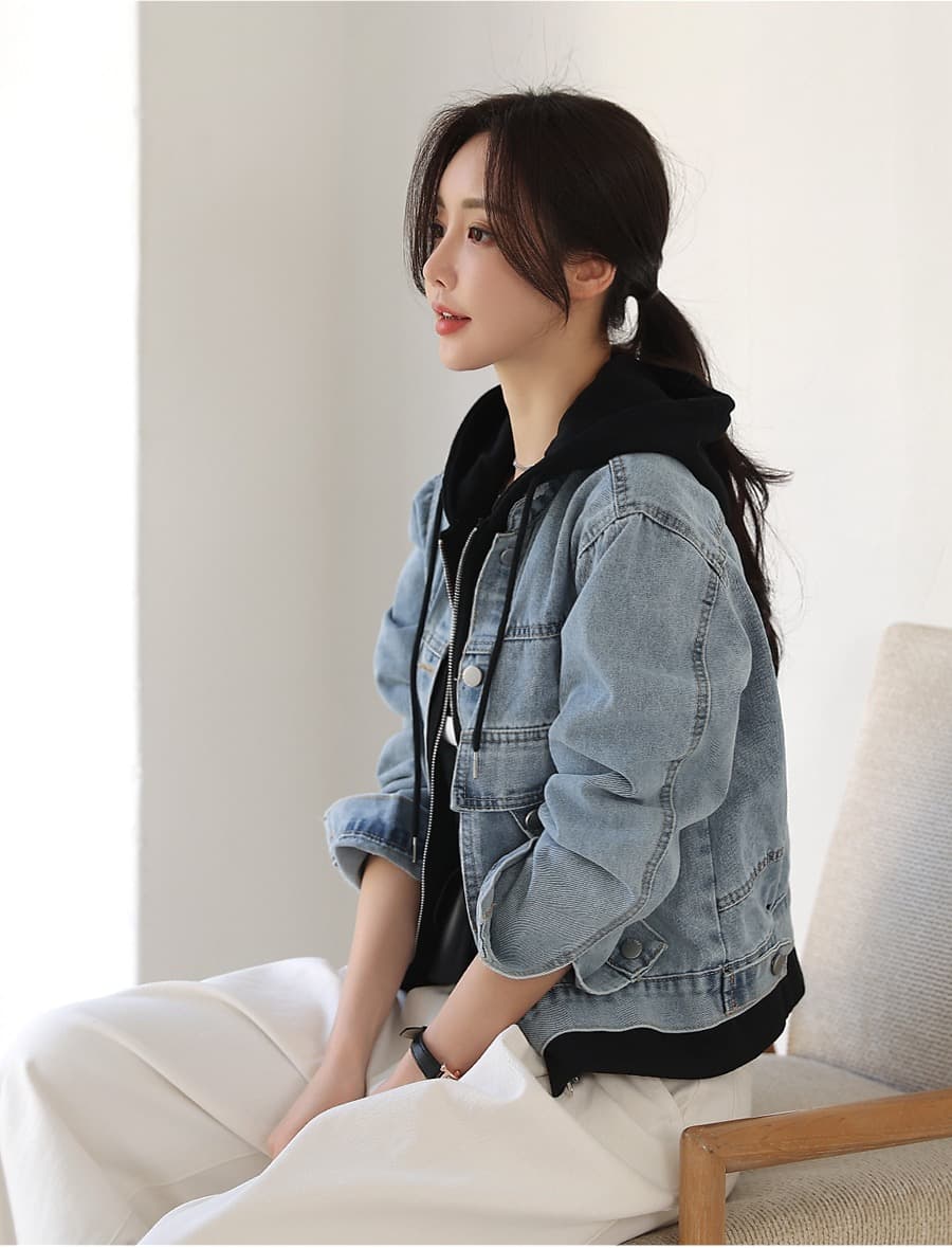 재고 있음 chic 가을 겨울 캐주얼 페이크 레이어드 후드 티 스웨터 재킷 상세 이미지 7