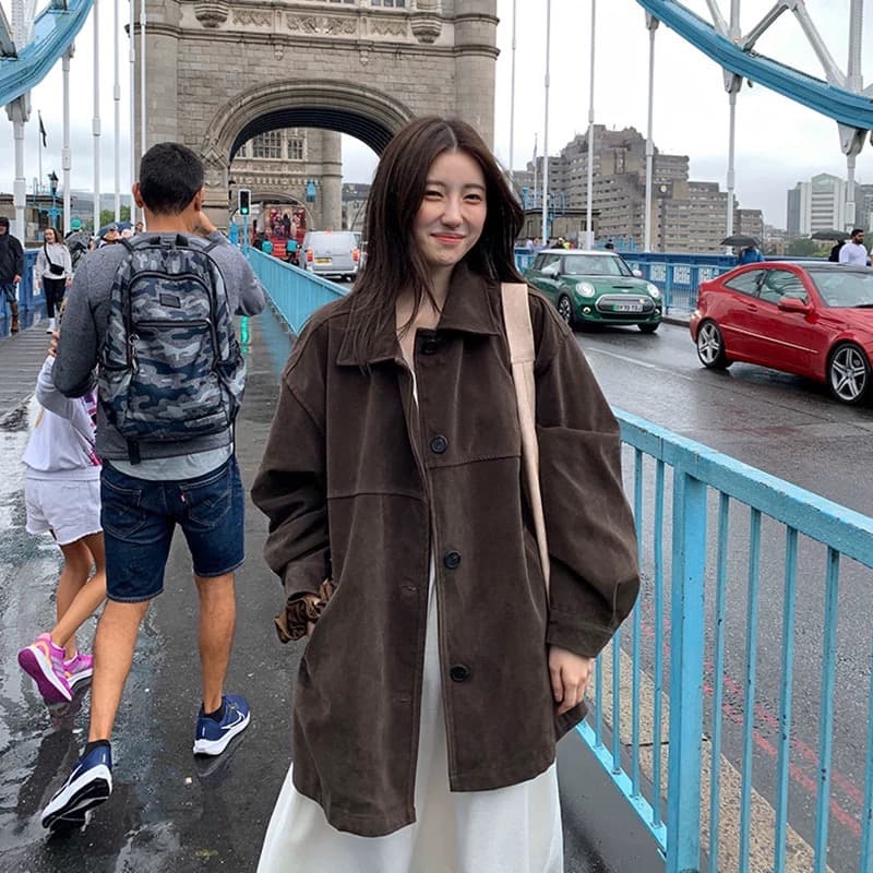 재고 있음 chic 한국 레트로 다용도 루즈핏 에디션 스웨이드 원단 재킷 재킷 이미지 3