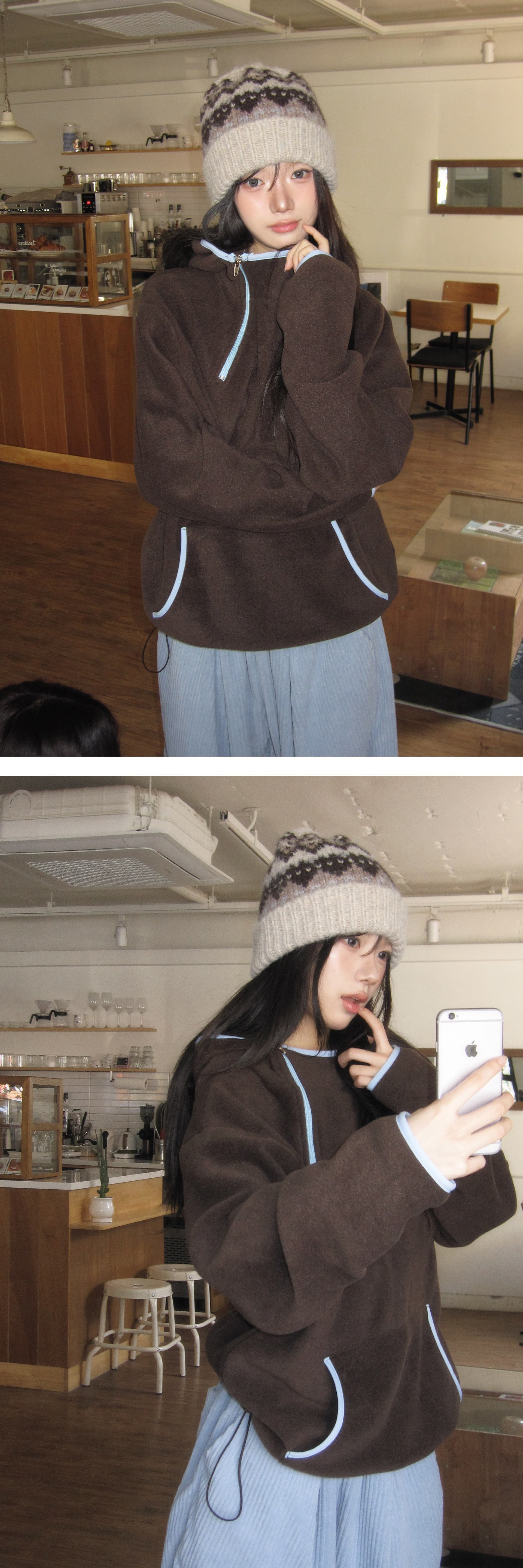 있음 밖으로 2026 가을 겨울 레트로 기능 중성 플리스 후드 보온 후드티 상세 이미지 9