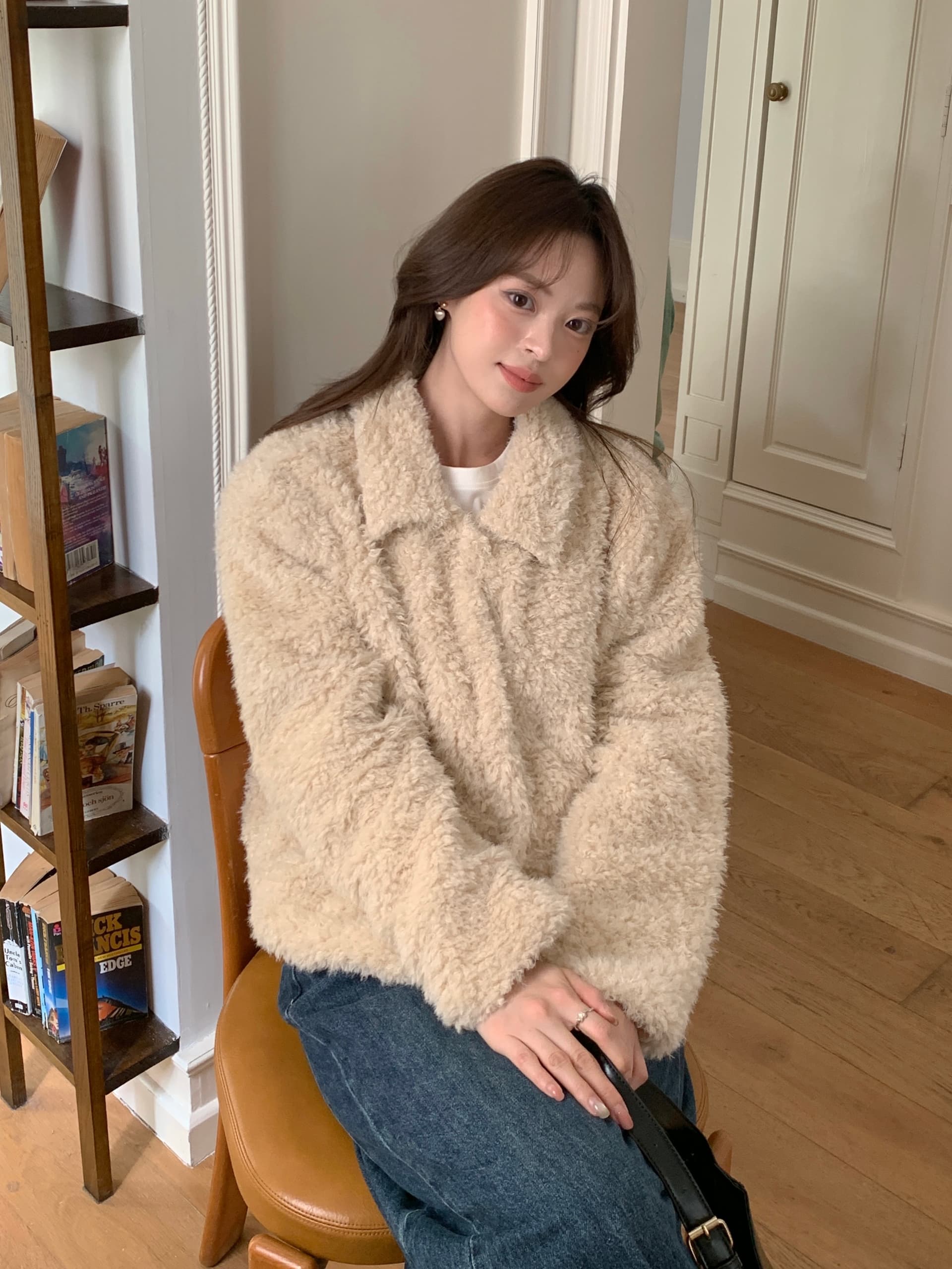 실사 있음 밖으로 한국 chic 폴로 칼라 캐주얼 다용도 플리스 플러시 양털 여성 코트 상세 이미지 8