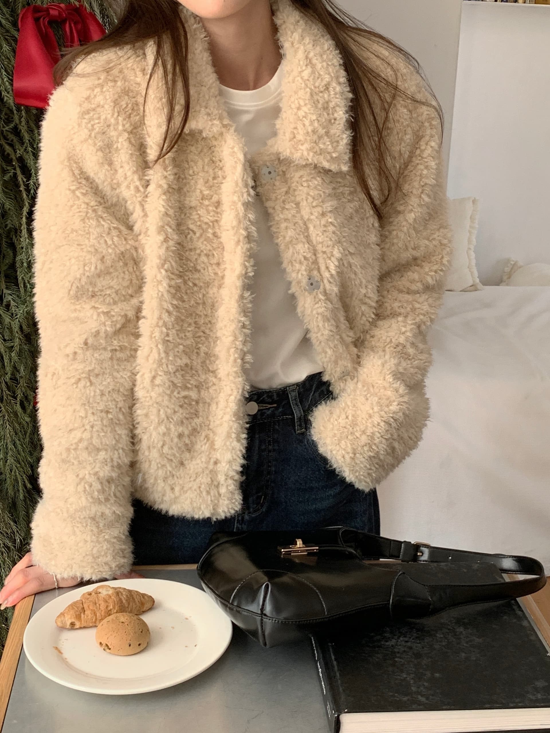 실사 있음 밖으로 한국 chic 폴로 칼라 캐주얼 다용도 플리스 플러시 양털 여성 코트 상세 이미지 9