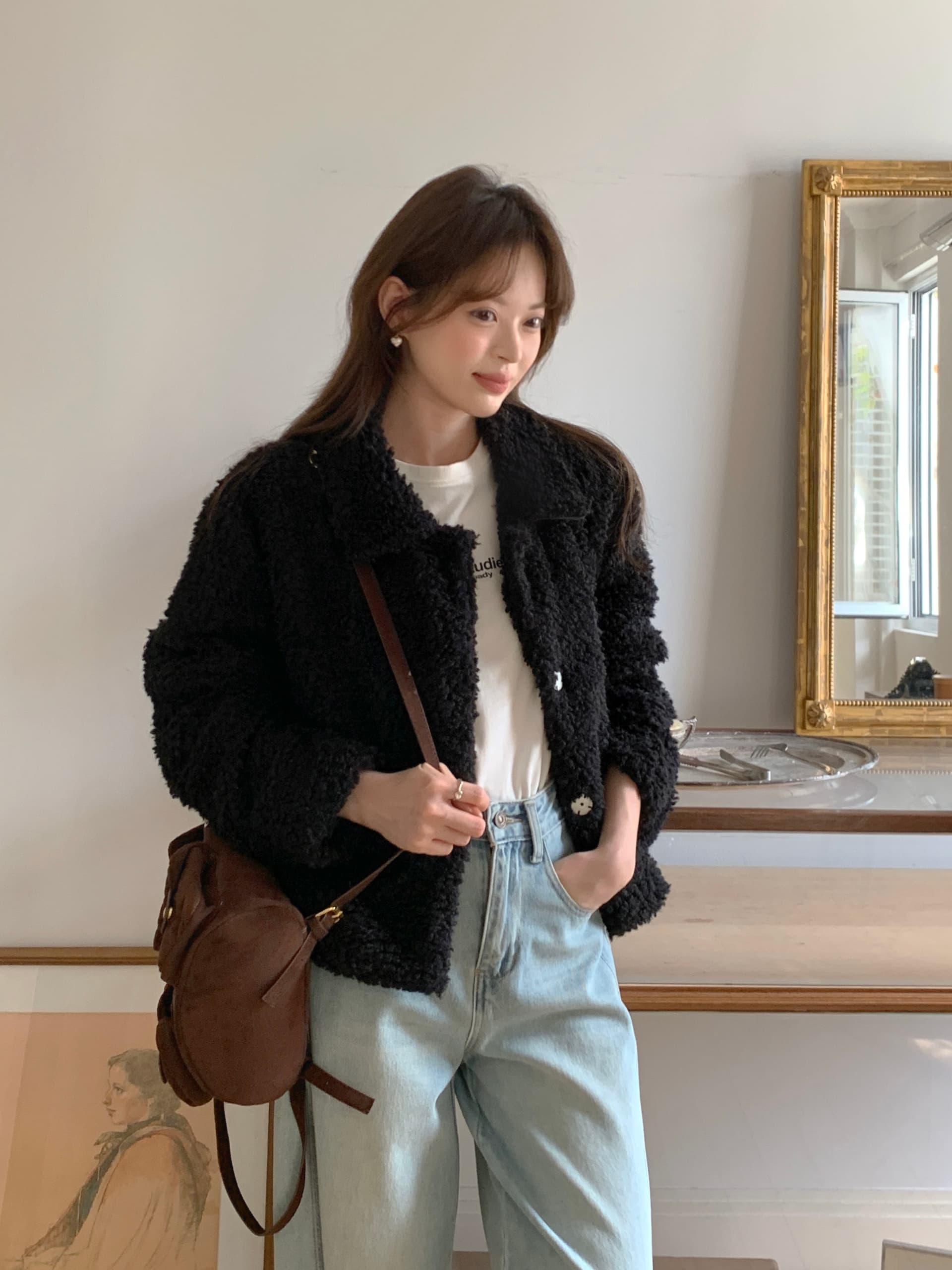 실사 있음 밖으로 한국 chic 폴로 칼라 캐주얼 다용도 플리스 플러시 양털 여성 코트 상세 이미지 14