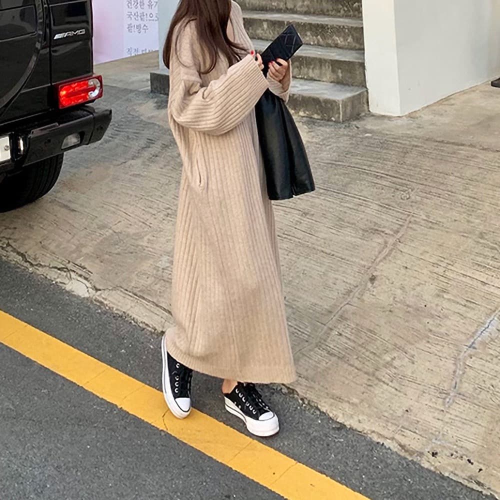 원본 한국 ins 해군 칼라 느긋한 바람을 피우다 롱 코트 무릎 아래 스웨터 니트 드레스 상세 이미지 8
