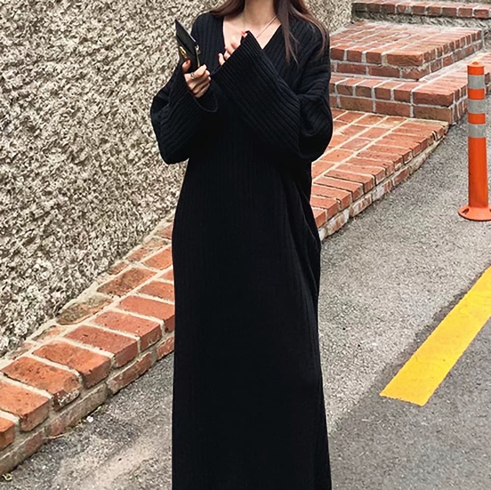 원본 한국 ins 해군 칼라 느긋한 바람을 피우다 롱 코트 무릎 아래 스웨터 니트 드레스 상세 이미지 21