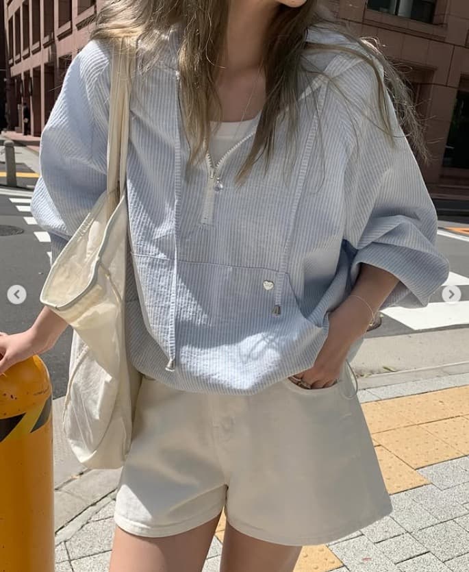 재고 있음 chic 스트라이프 캐주얼 느긋한 바람 후드 펌프 로프 반 개방 칼라 얇은 스타일 국방 사이 의류 맨위 여성 상세 이미지 5