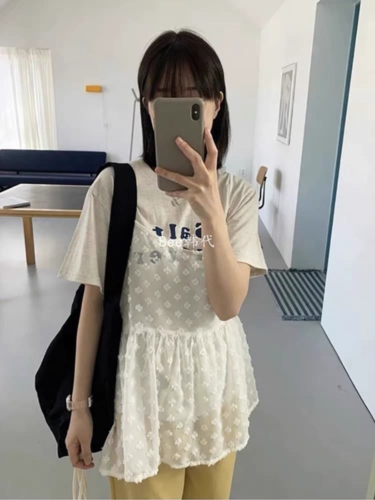 있음 밖으로 한국 스타일 여름 ins 작은 대중 디자인 개성 단색 작은 꽃 스택 착용 망사 레이스업 슬립 상세 이미지 2