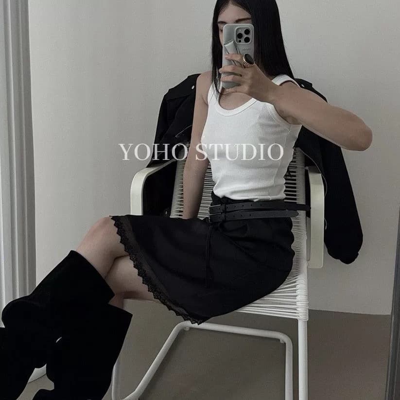 있음 밖으로 한국 동대문 2026 달콤함 패션 레이스 레이스 밑단 펌프 로프 스택 착용 반신 스커트 이미지 4